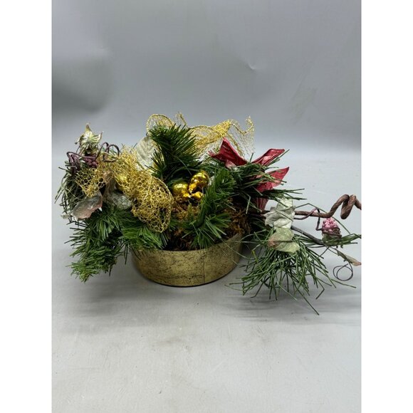 Festive Artificial Holiday Centerpiece with Gold Base Ribbon Used READ - Picture 3 of 5